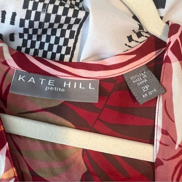 Sz 2P Kate Hill 100% Silk Red & Orange Beaded Faux Wrap Top - Picture 10 of 13